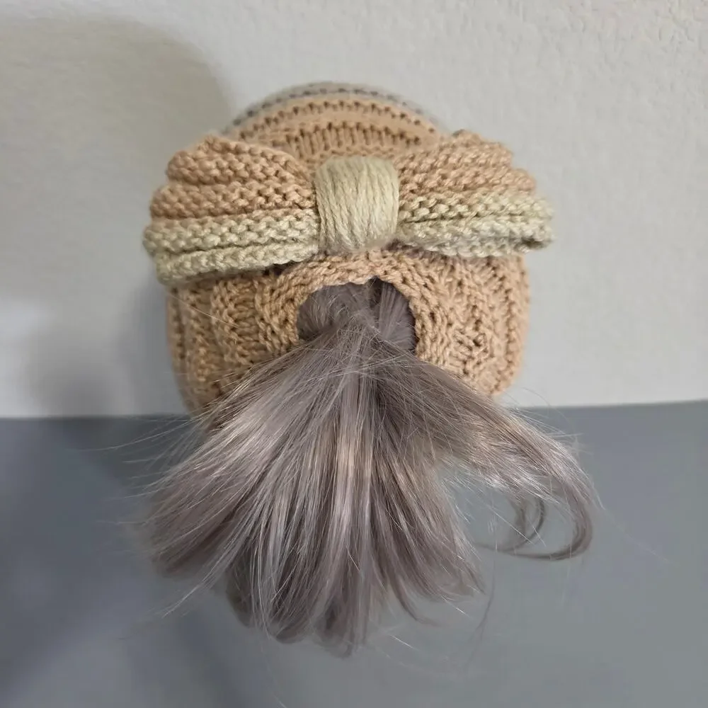 Handmade Knit Beanie Hat Womens OS Bow Pony Tail Hole Fall Winter Cute